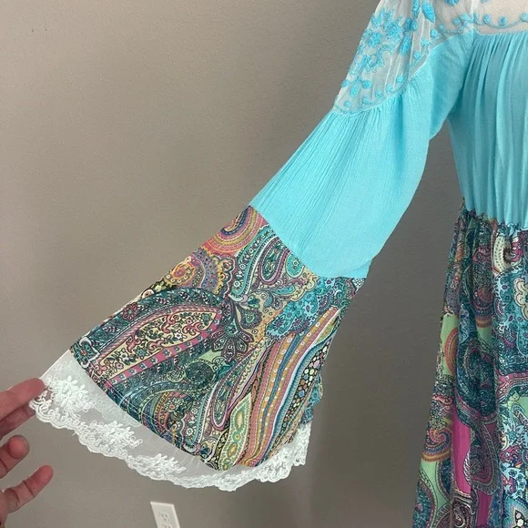 Upcycled Turquoise Boho Maxi Dress with Lacy Top & Paisley Ruffled Skirt, Size M - Picture 10 of 12